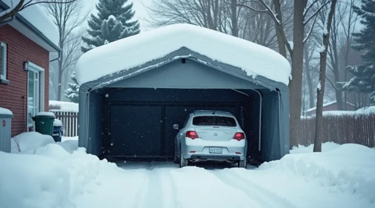 Abri temporaire blanc sur stationnement protégeant une automobile contre la neige et le froid québécois