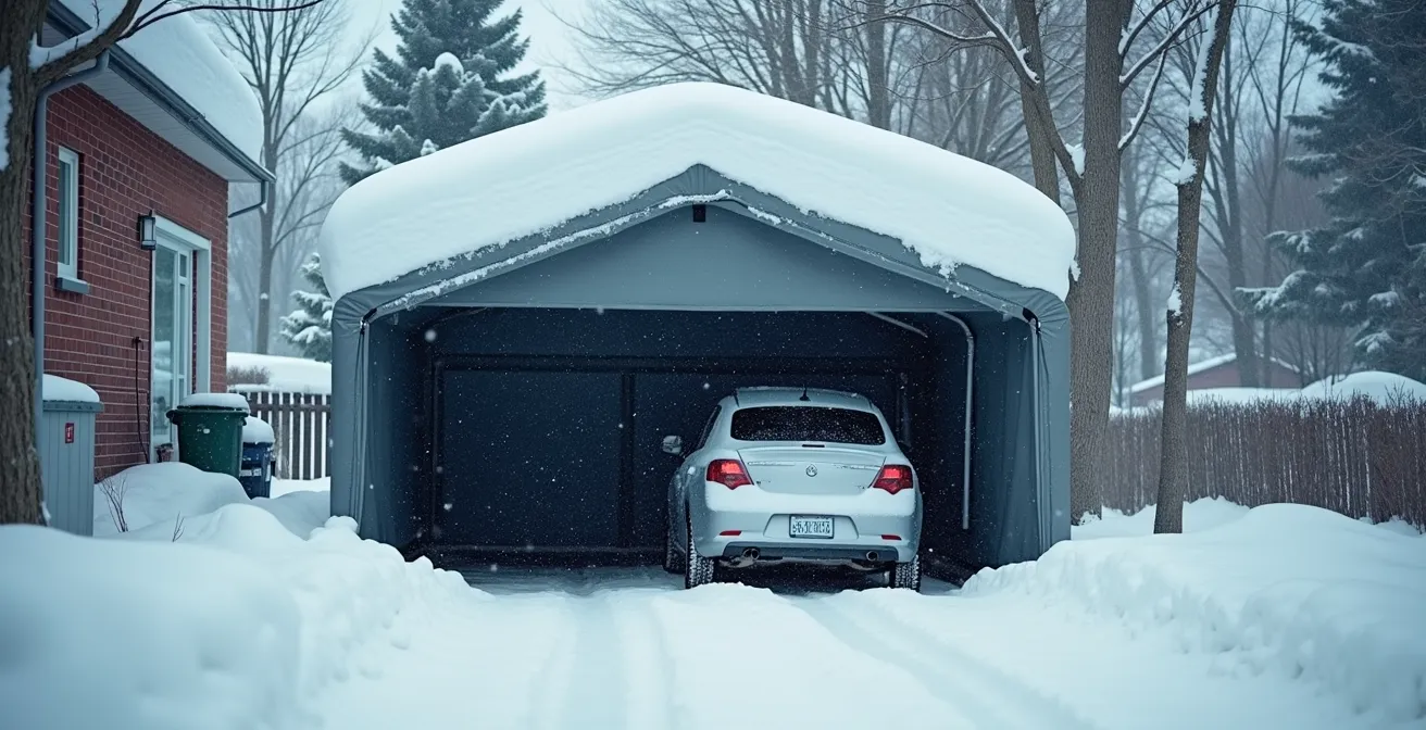 Abri temporaire blanc sur stationnement protégeant une automobile contre la neige et le froid québécois