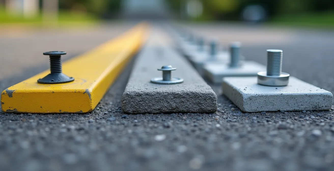 Schéma technique montrant les trois types d'ancrages pour abri d'auto : cavalier temporaire, blocs de béton, et ancrages permanents vissés