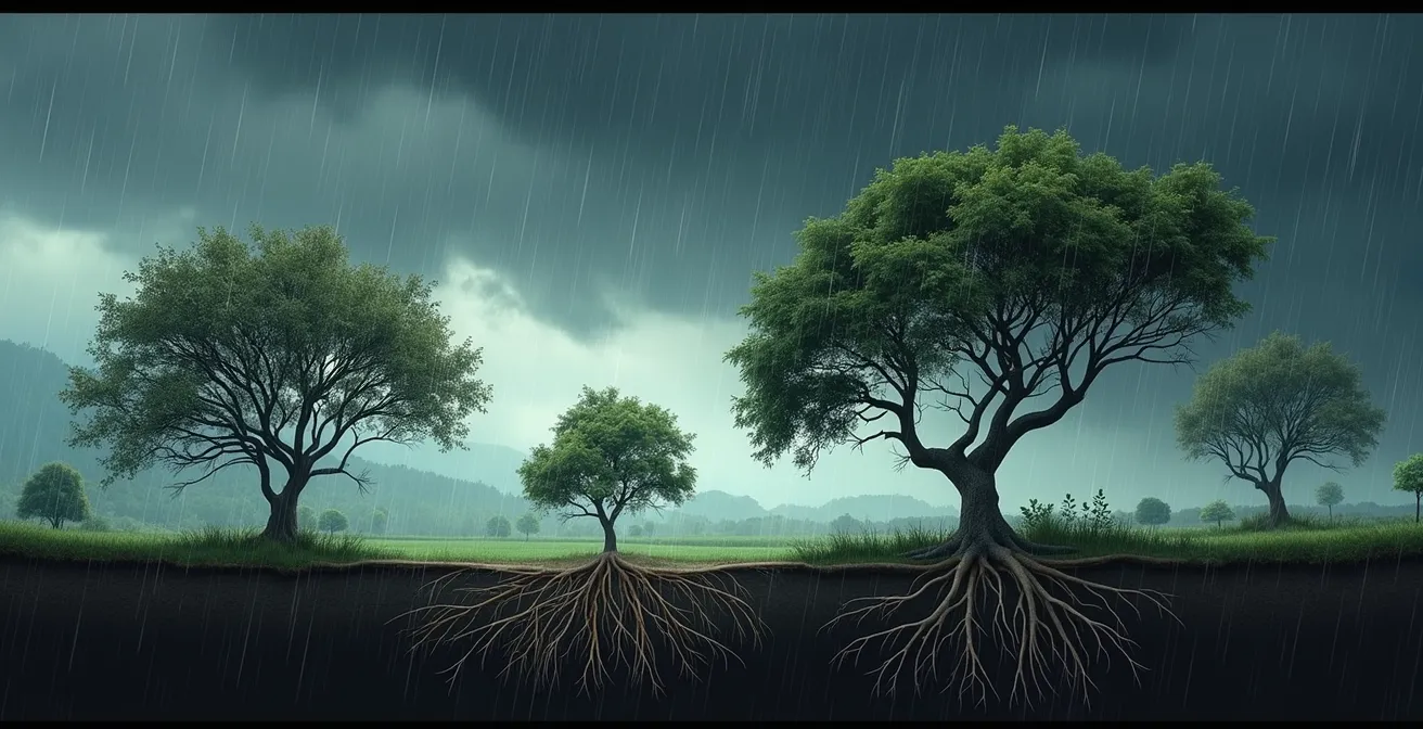 Arbustes aux branches flexibles se plient sous le vent sans se casser, démontrant la structure multi-tiges résiliente.
