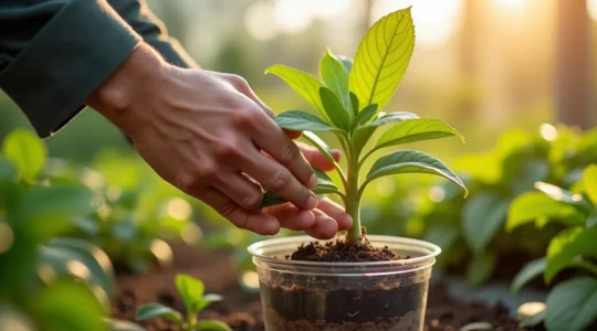 Jardinier inspectant une plante en pépinière avec attention, examinant les feuilles et racines