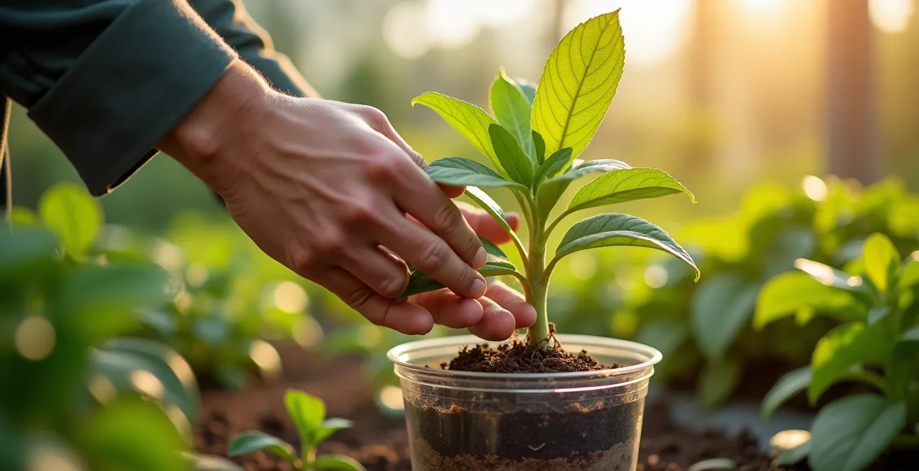 Jardinier inspectant une plante en pépinière avec attention, examinant les feuilles et racines