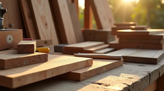 Vue d'ensemble d'une terrasse en bois construite selon les normes québécoises, montrant différentes essences de bois et leur patine naturelle