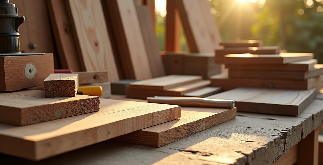 Vue d'ensemble d'une terrasse en bois construite selon les normes québécoises, montrant différentes essences de bois et leur patine naturelle