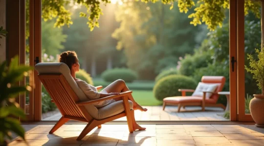 Fauteuil de jardin ergonomique confortable avec coussins moelleux, terrasse ensoleillée, ambiance de détente en plein air