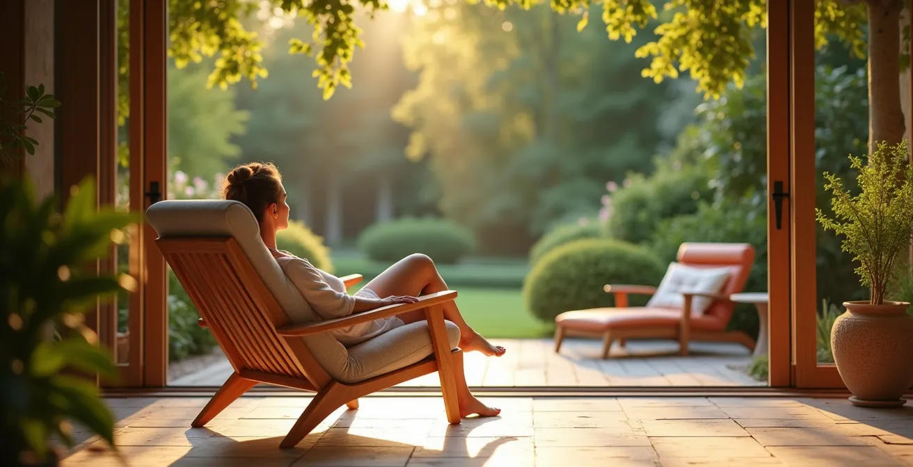 Fauteuil de jardin ergonomique confortable avec coussins moelleux, terrasse ensoleillée, ambiance de détente en plein air