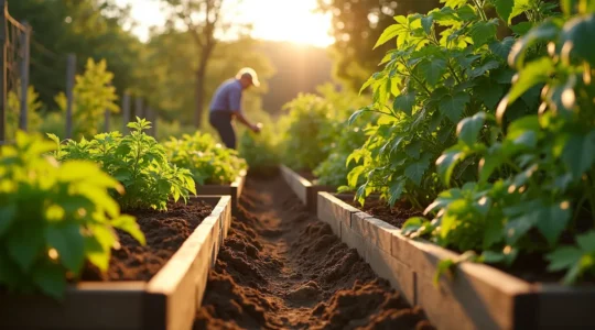 Potager québécois luxuriant avec planches de culture organisées et légumes variés sous ciel d'été