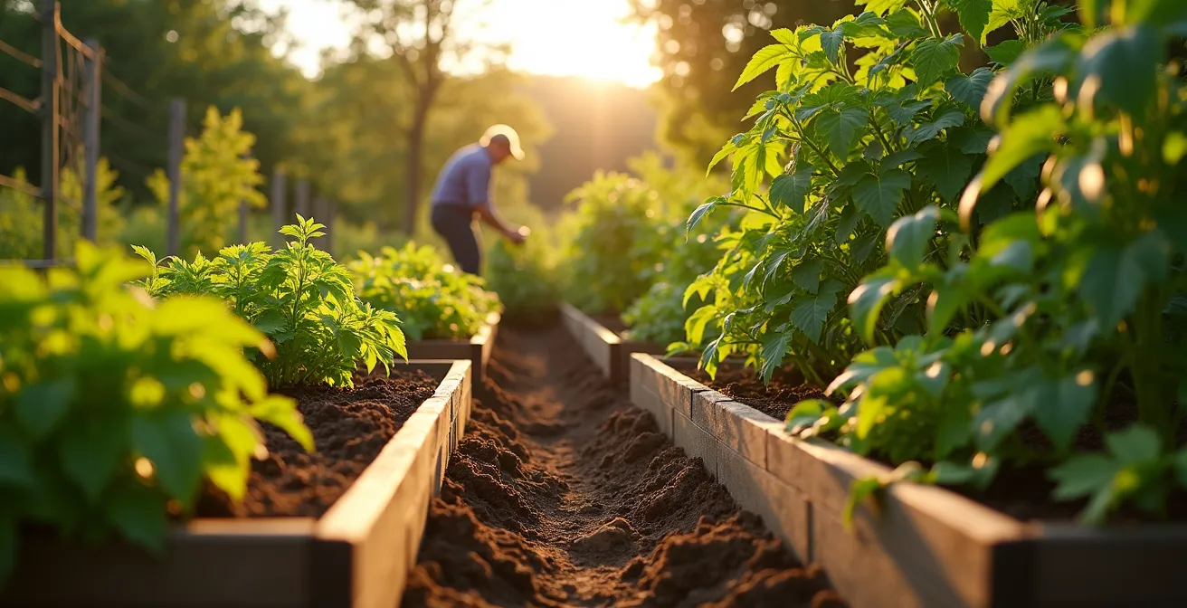 Potager québécois luxuriant avec planches de culture organisées et légumes variés sous ciel d'été