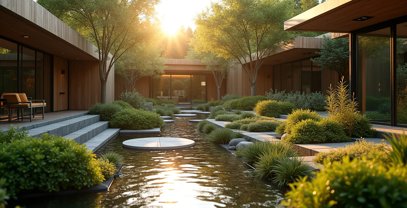 Paysage de jardin moderne avec élément design intégré de gestion de l'eau comme jardin de pluie