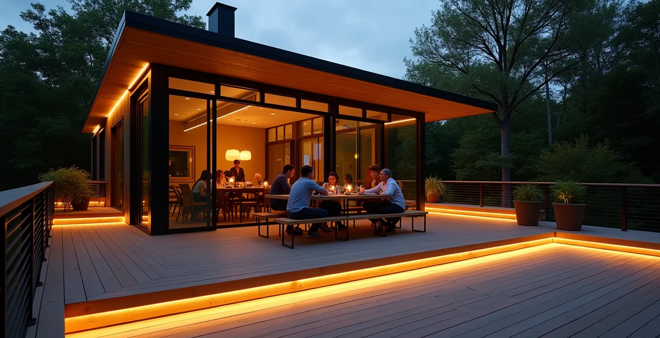 Terrasse élégante la nuit avec éclairage LED invisible intégré sous les rampes et marches, créant une ambiance moderne et sécuritaire