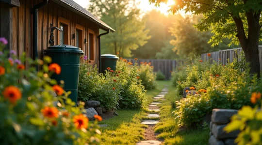 Un jardin autonome et écosystémique au Québec avec plantes, récupérateur d'eau et animaux petits