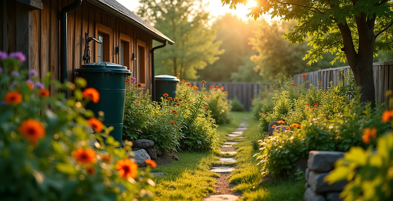 Un jardin autonome et écosystémique au Québec avec plantes, récupérateur d'eau et animaux petits