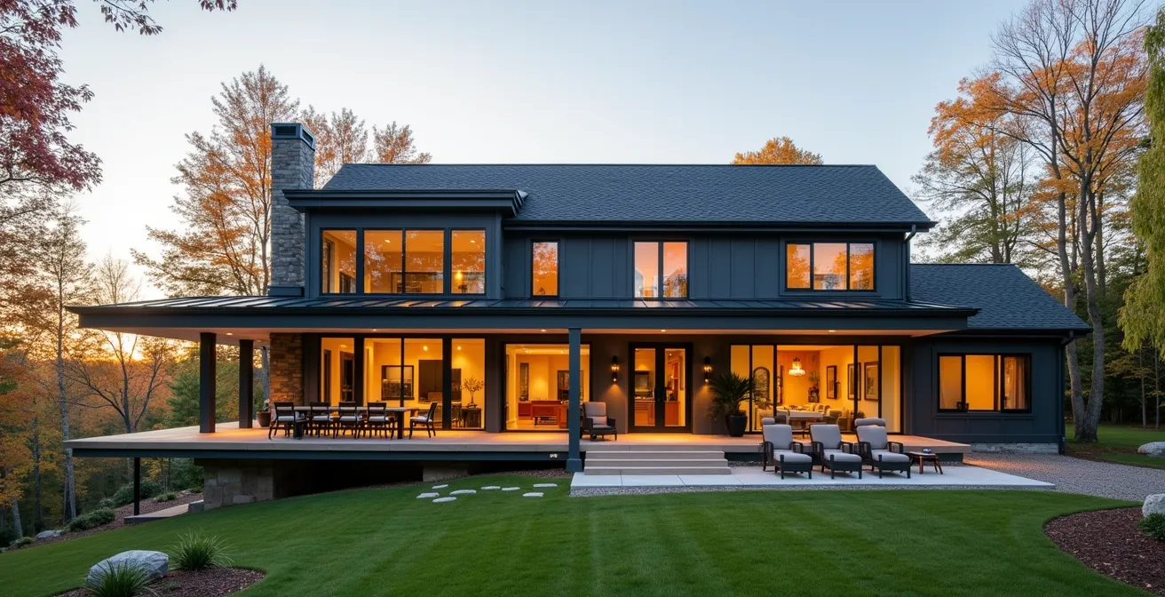 Terrasse fermée moderne intégrée à maison résidentielle québécoise, montrant vitrage quatre saisons et transition architecturale élégante