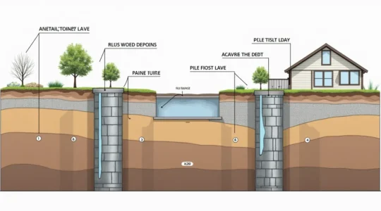 Coupe transversale d'une fondation de terrasse stable ancrée sous la ligne de gel dans un sol argileux québécois