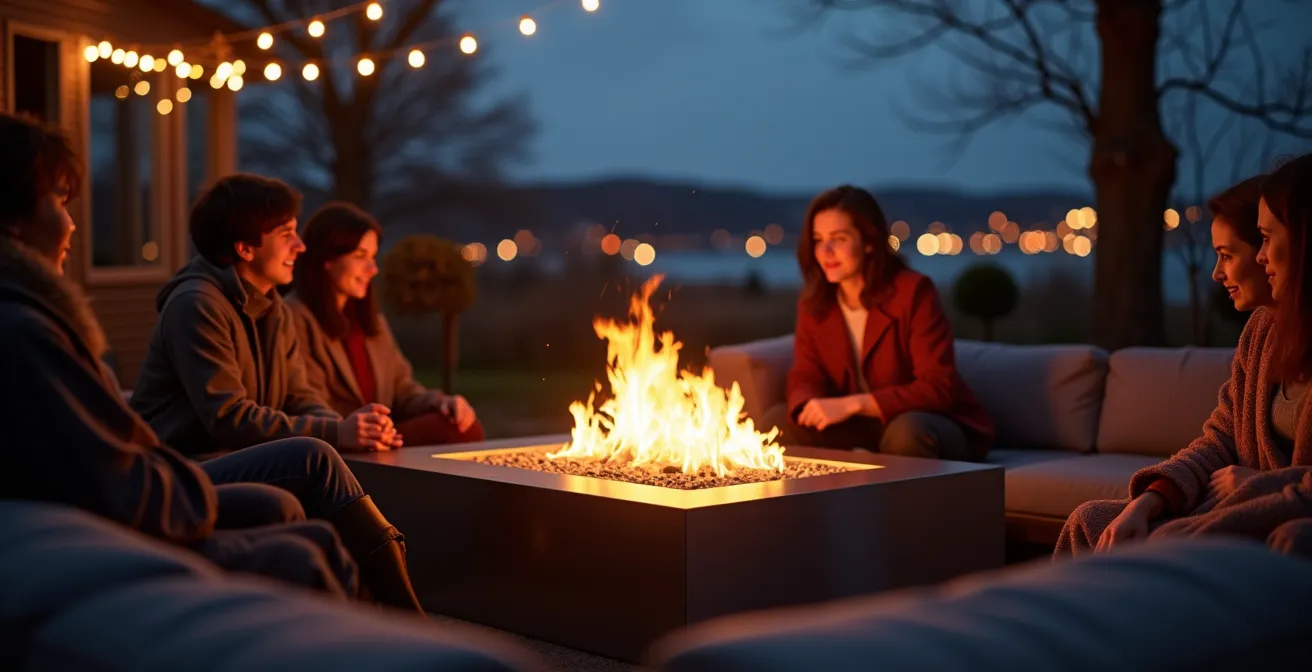 Un foyer extérieur au gaz en acier inoxydable entouré de mobilier confortable, apportant chaleur et ambiance lors d'une soirée d'automne au Québec