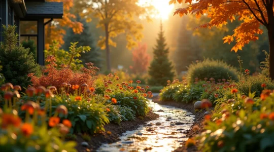 Un jardin transforme par des amenagements de gestion d'eau de pluie, combinant jardins de pluie, surfaces permeables et vegetation luxuriante, sous un ciel d'automne quebecois.