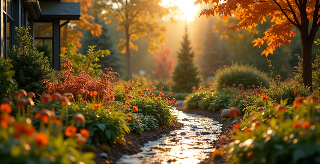 Un jardin transforme par des amenagements de gestion d'eau de pluie, combinant jardins de pluie, surfaces permeables et vegetation luxuriante, sous un ciel d'automne quebecois.