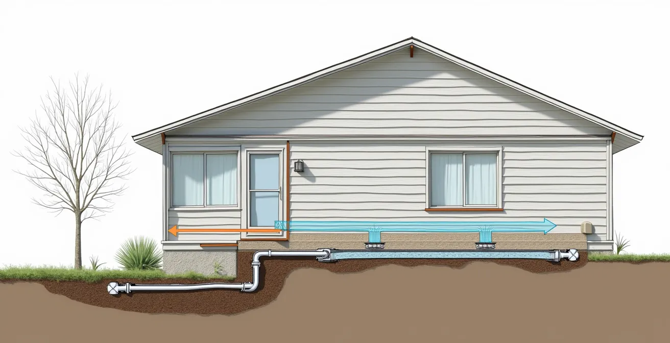 Schéma technique montrant un système optimisé de gouttières, prolongateurs de descentes pluviales dirigeant l'eau vers un jardin de pluie éloigné de la maison.