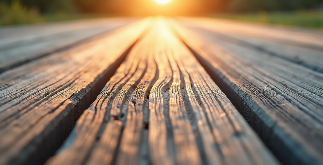 Détail rapproché de planches de terrasse en bois montrant la progression du grisaillement naturel, d'une teinte originale brun-miel à une patine grise argentée uniformément répartie