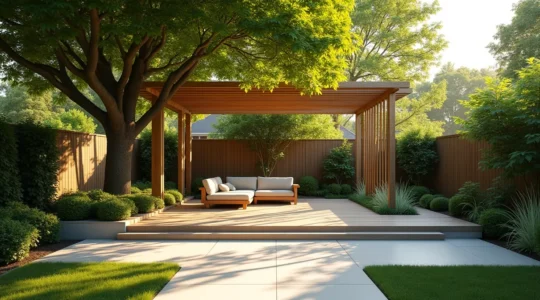Représentation visuelle d'un jardin du Québec aménagé pour la fraîcheur avec arbres feuillus, pergola bioclimatique, terrasse claire et plantes grimpantes en été.