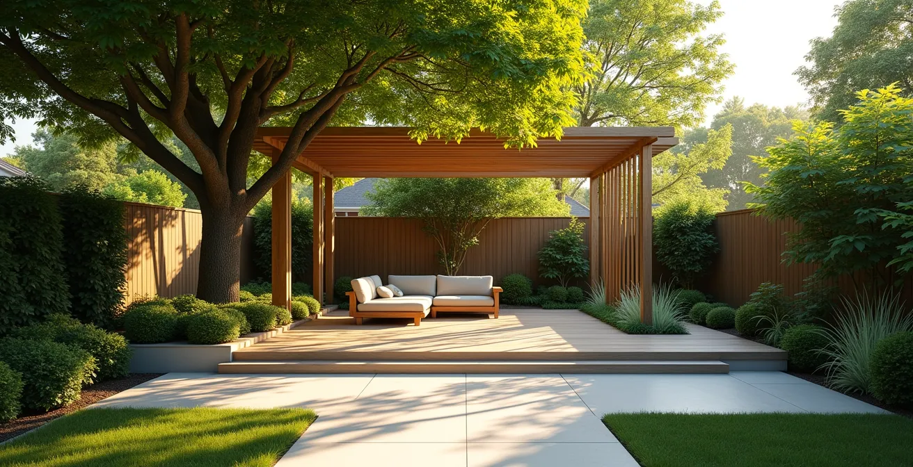 Représentation visuelle d'un jardin du Québec aménagé pour la fraîcheur avec arbres feuillus, pergola bioclimatique, terrasse claire et plantes grimpantes en été.