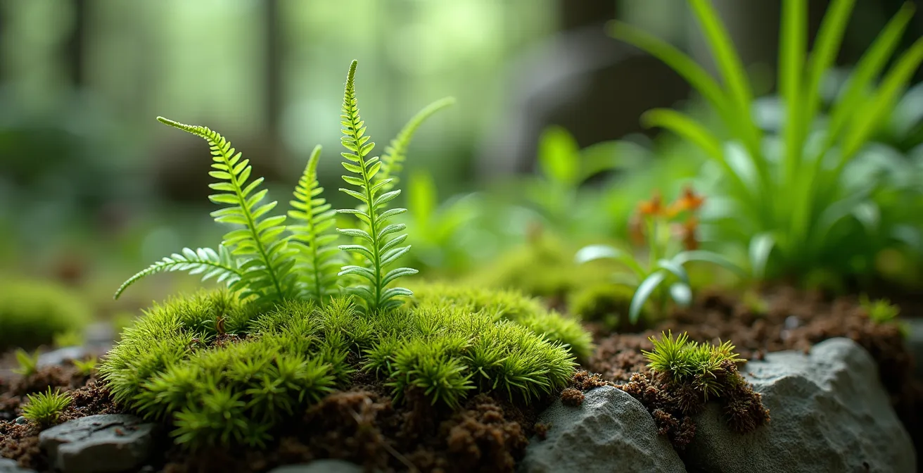 Jardin québécois avec plantes indigènes typiques et textures naturelles
