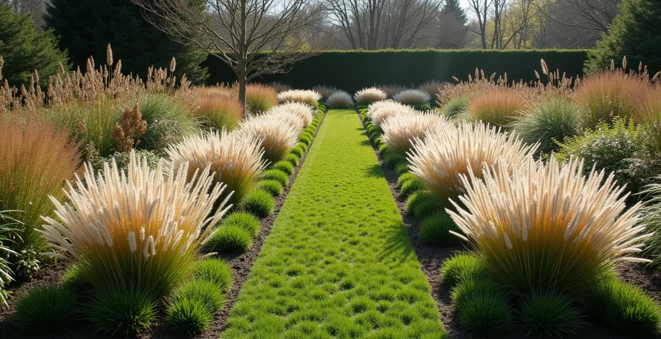 Un jardin structuré avec des graminées ornementales indigènes arrangées en matrices répétitives, des bordures nettes, des plantes à feuillage attrayant, et des floraisons hivernales, créant un look épuré et design tout en restant écologique.