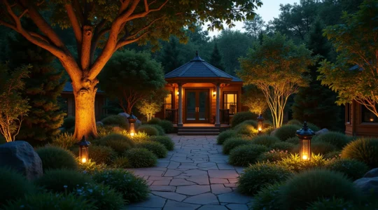 Jardin transformé la nuit avec un éclairage lumineux subtil mettant en valeur les plantes et les éléments architecturaux