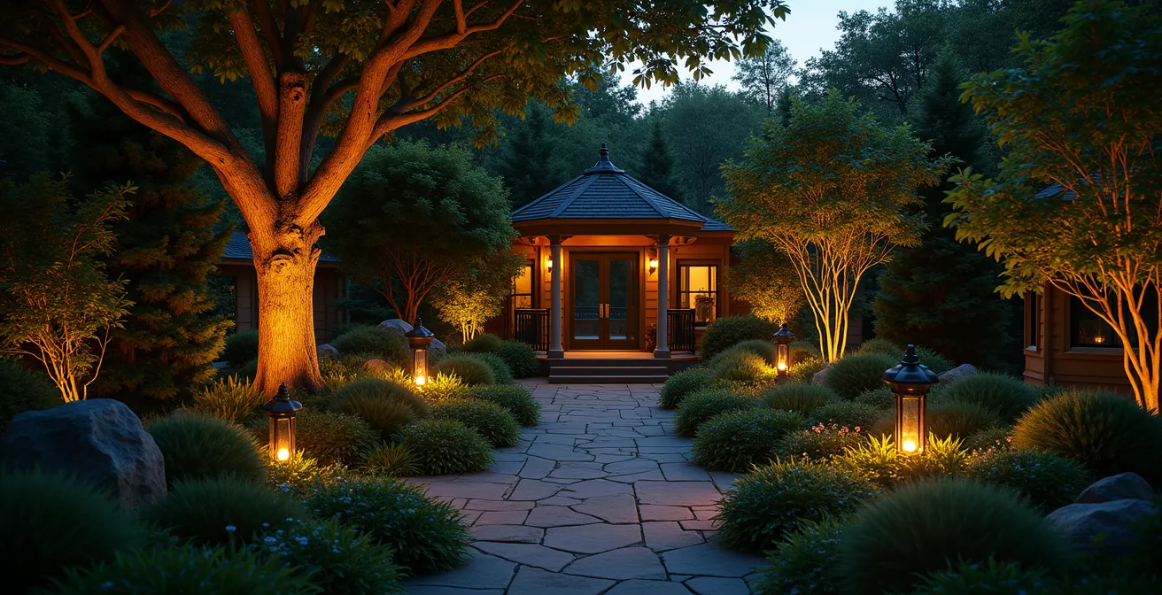 Jardin transformé la nuit avec un éclairage lumineux subtil mettant en valeur les plantes et les éléments architecturaux