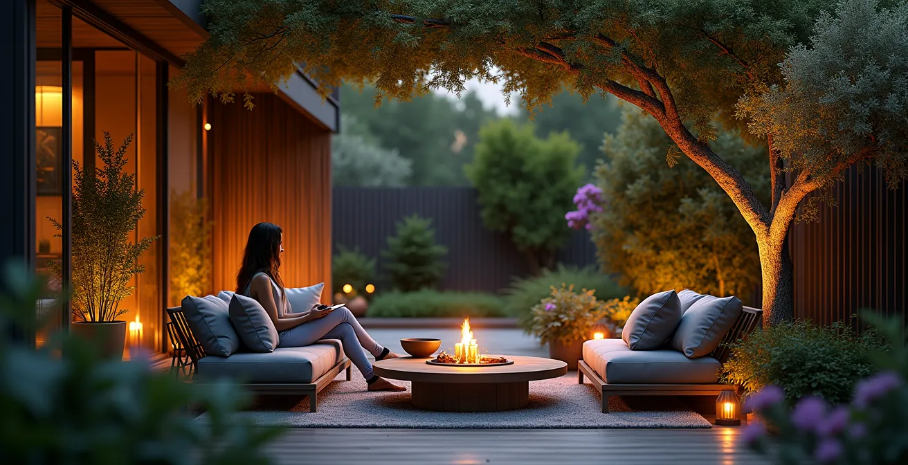 Jardin transformé en oasis de bien-être avec mobilier confortable, plantes odorantes, éclairage doux, coin intime de détente