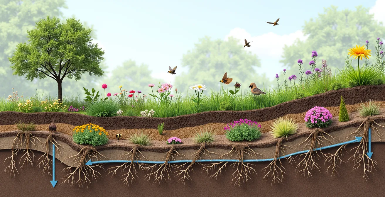 Coupe transversale d'un jardin de pluie aménagé au Québec, montrant les différentes couches de végétation, les plantes indigènes à racines profondes, et le flux d'eau s'infiltrant dans le sol.