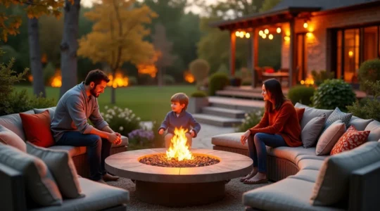 Un jardin québécois aménagé comme pièce de vie extérieure avec foyer, mobilier confortable et zones de détente