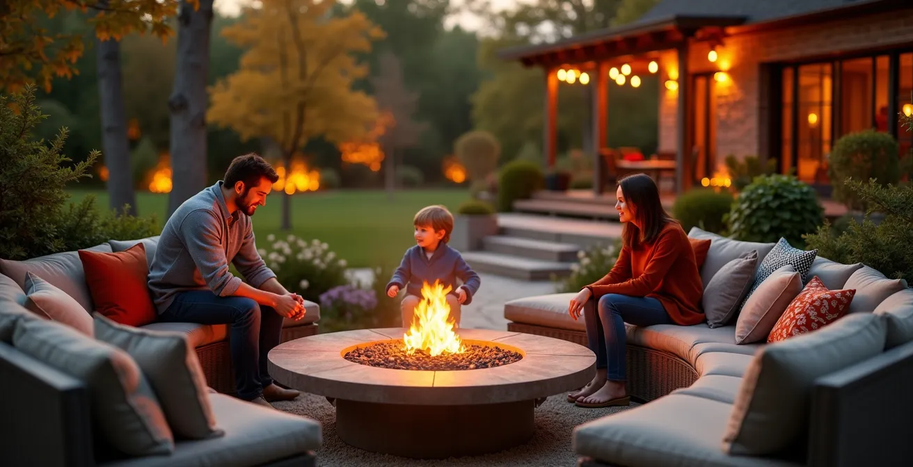 Un jardin québécois aménagé comme pièce de vie extérieure avec foyer, mobilier confortable et zones de détente