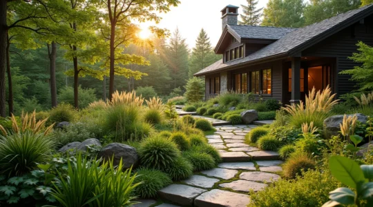 Un jardin québécois intégrant des plantes indigènes avec une maison typique en arrière-plan, illustrant une signature paysagère locale