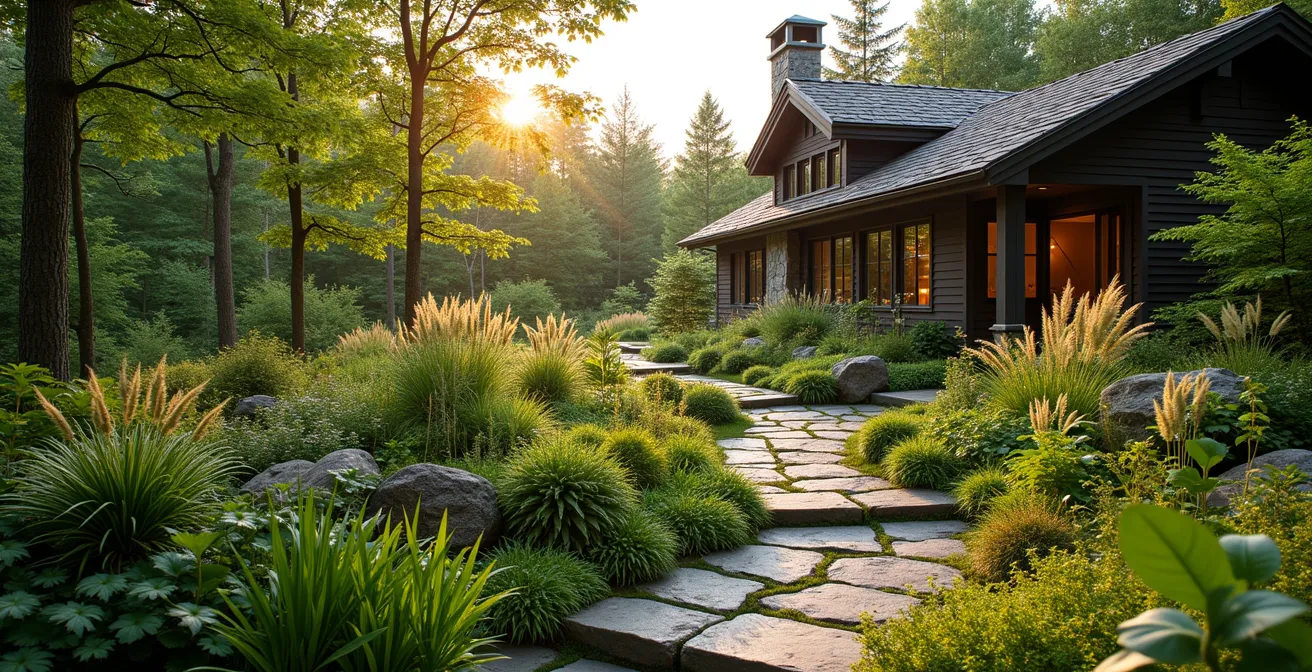 Un jardin québécois intégrant des plantes indigènes avec une maison typique en arrière-plan, illustrant une signature paysagère locale