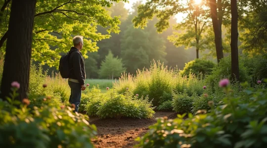 Un jardin québécois résilient avec des plantes diversifiées, des aménagements protecteurs contre le vent et des éléments de gestion de l'eau.