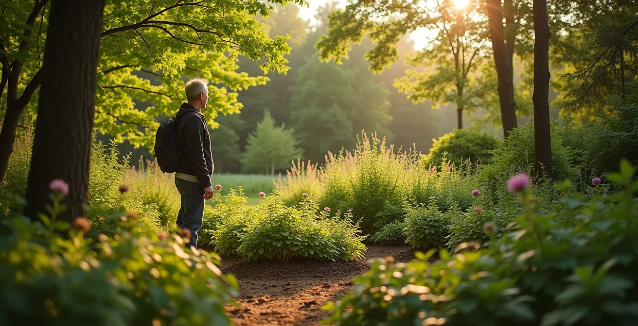 Un jardin québécois résilient avec des plantes diversifiées, des aménagements protecteurs contre le vent et des éléments de gestion de l'eau.