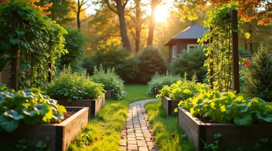 Un potager québécois bien organisé avec des planches surélevées, des structures verticales, un composteur et un récupérateur d'eau, sous un ciel d'automne doré.