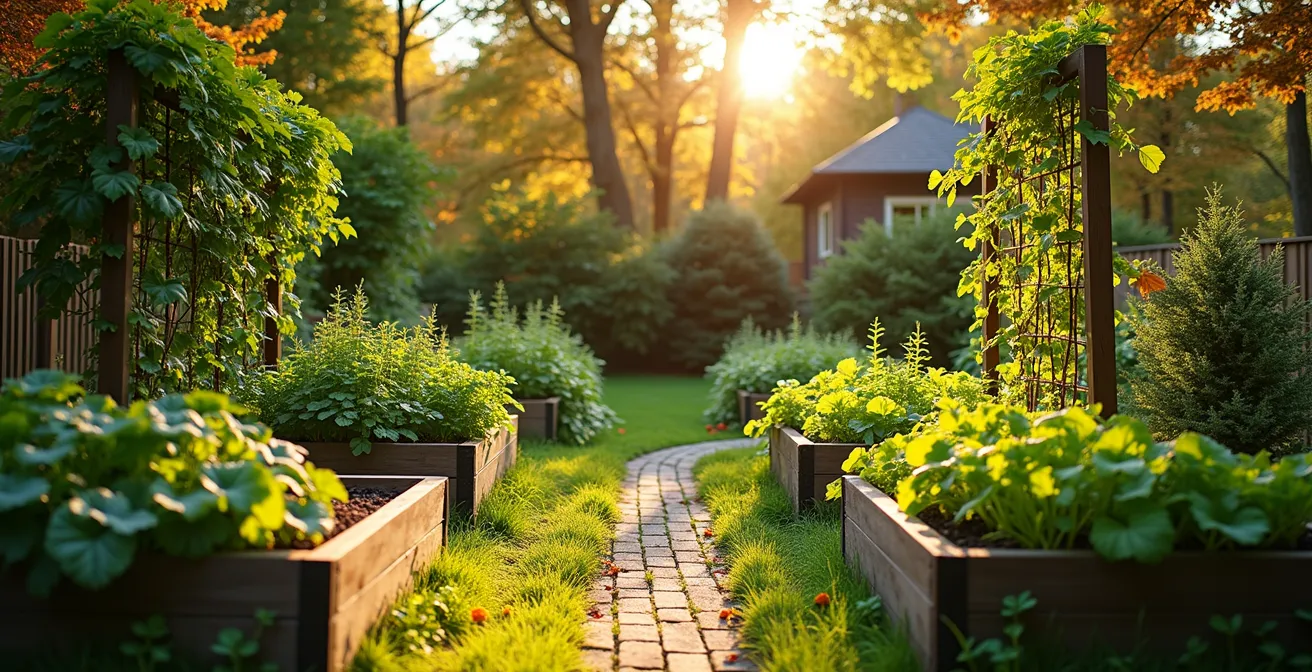 Un potager québécois bien organisé avec des planches surélevées, des structures verticales, un composteur et un récupérateur d'eau, sous un ciel d'automne doré.