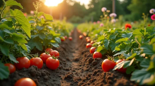 Jardin potager québécois luxuriant avec légumes variés en pleine croissance, montrant zones de rusticité et cultures en succession