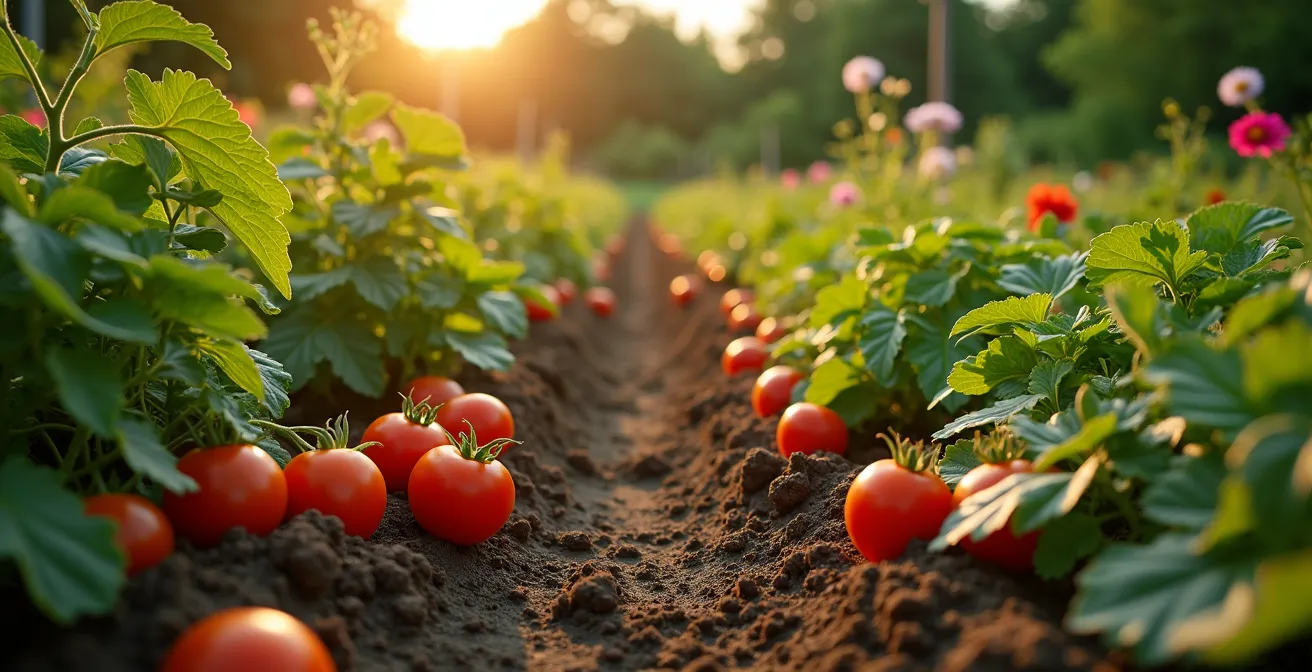 Jardin potager québécois luxuriant avec légumes variés en pleine croissance, montrant zones de rusticité et cultures en succession