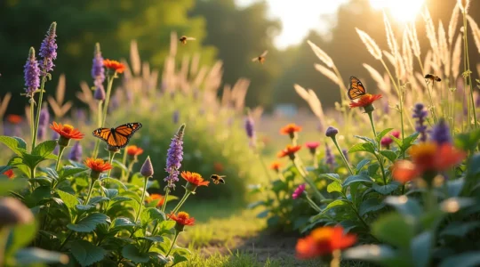 Un jardin vibrant rempli de plantes indigènes du Québec avec des fleurs roses, mauves et jaunes, des papillons monarques, des abeilles, et des oiseaux parmi les tiges et les feuillages variés.