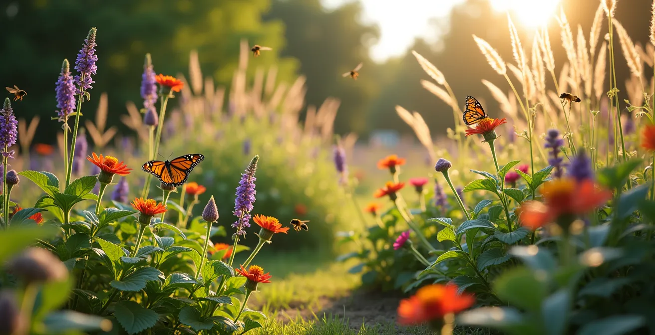 Un jardin vibrant rempli de plantes indigènes du Québec avec des fleurs roses, mauves et jaunes, des papillons monarques, des abeilles, et des oiseaux parmi les tiges et les feuillages variés.