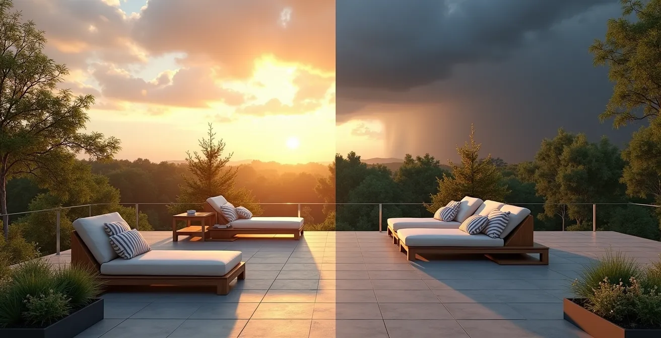 Mobilier de jardin modulable avec éléments interchangeables, configuration avant et après orage, patio québécois