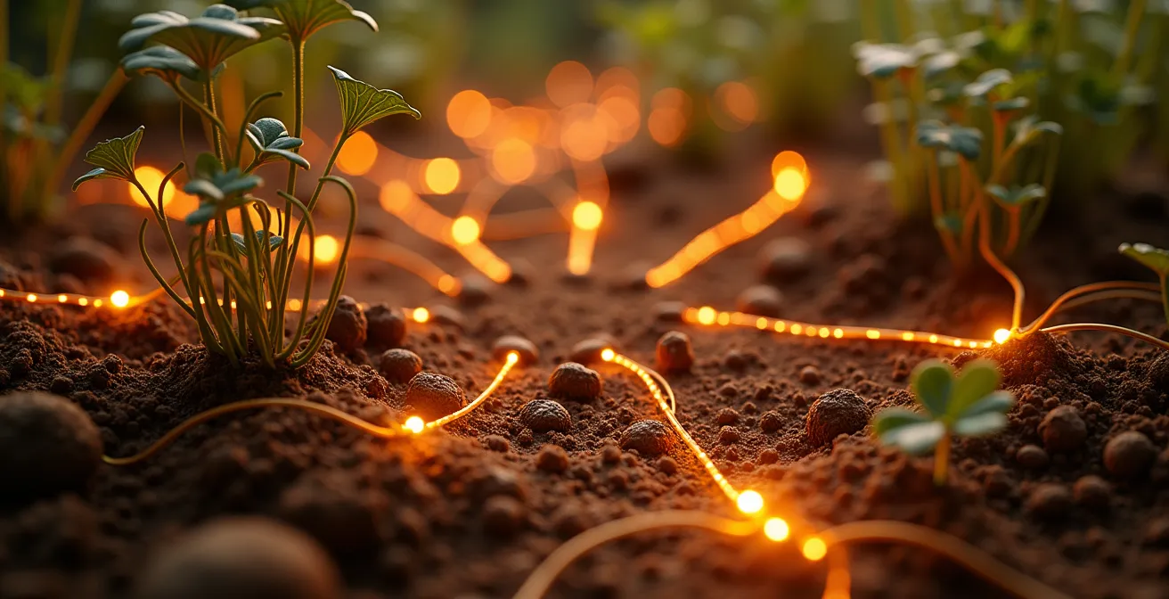 Réseau mycorhizien interconnecté dans le sol vivant montrant filaments de champignons, bactéries et échange de nutriments avec les racines