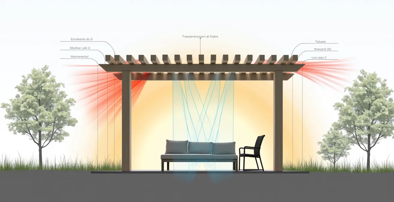 Diagramme technique montrant le fonctionnement d'une pergola bioclimatique avec lames orientables créant une convection naturelle d'air frais.