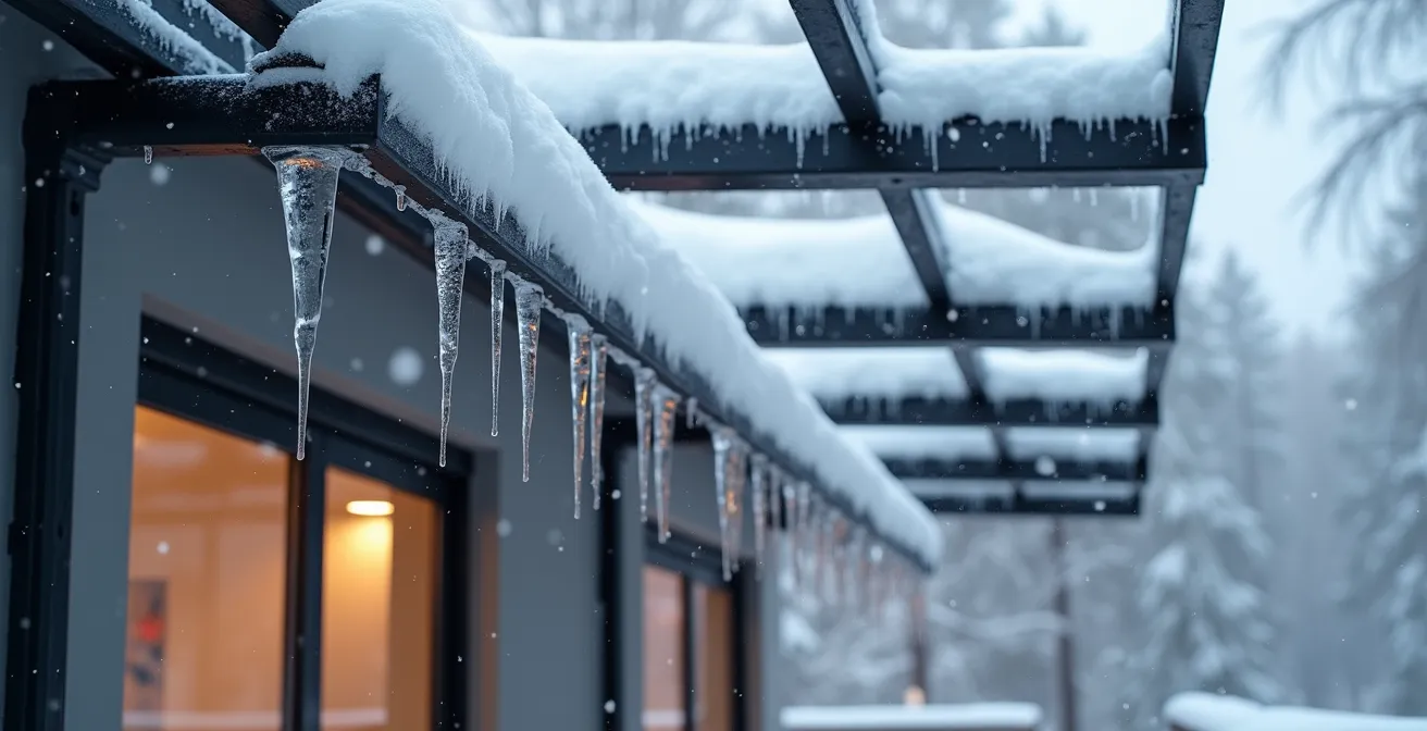 Une pergola bioclimatique en aluminium sous la neige hivernale du Québec, montrant comment la structure résiste et draine l'eau.