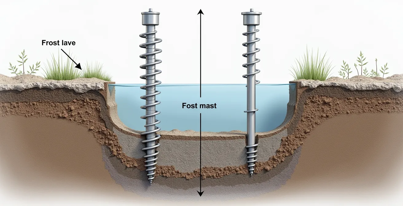 Schéma technique comparatif montrant pieux vissés et sonotubes installés sous la ligne de gel québécoise avec drainage adéquat.