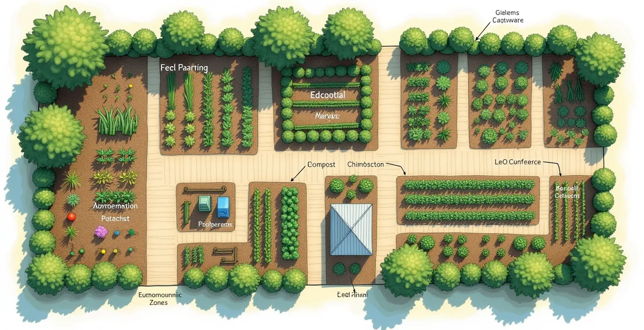 Schéma d'un plan de potager annotant les zones autonomes, les zones à forte surveillance, et les infrastructures stratégiquement positionnées (composteur, récupérateur d'eau, rangement).