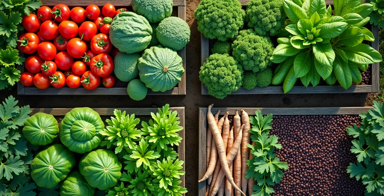 Diagramme illustrant la rotation des cultures sur quatre ans dans un potager divisé en parcelles